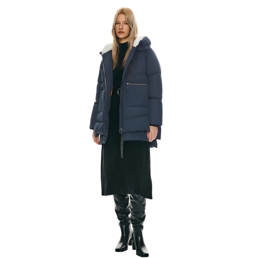 OROLAY Women's Thickened water fowl Down Jacket Navy Blue Hooded Puffer Parka LG